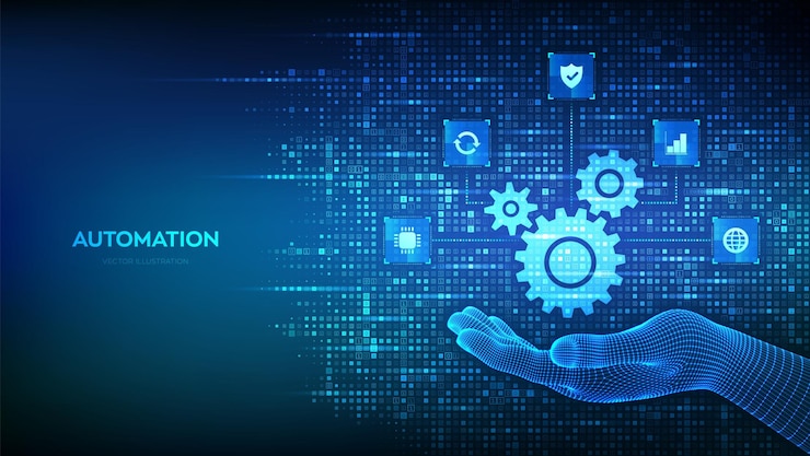 Vector automation software gears icon made with binary code in hand iot and automation icons connections