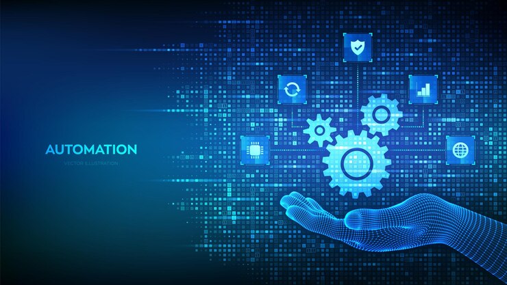Vector automation software gears icon made with binary code in hand iot and automation icons connections
