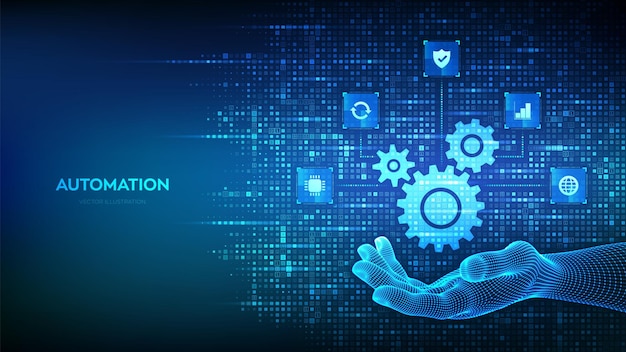 Vector automation software gears icon made with binary code in hand iot and automation icons connections