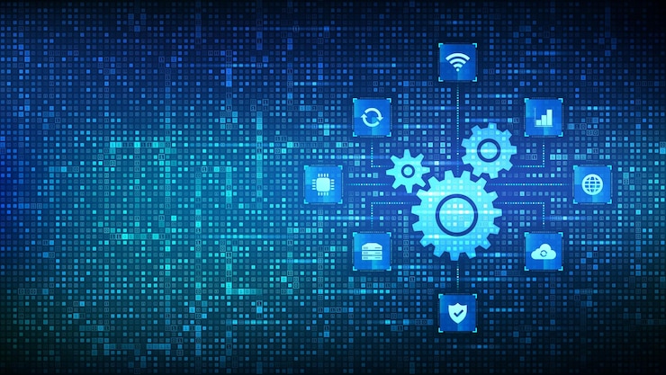 Vector automation software gears icon made with binary code iot and automation icons connections
