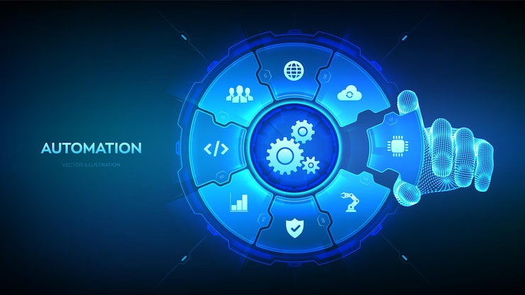 Vector automation software iot and automation concept as an innovation improving productivity in technology wireframe hand places an element into a composition visualizing automation processes vector