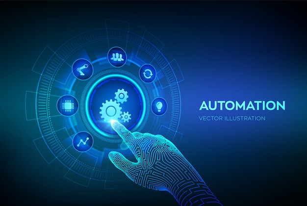 Vector automation software. iot and automation concept on virtual screen. robotic hand touching digital interface.