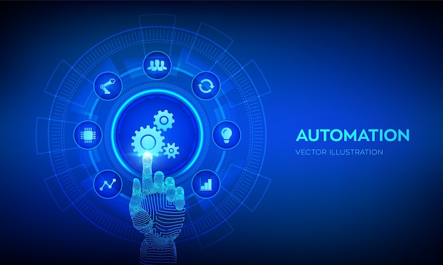 automation software. iot and automation technology concept. robotic hand touching digital interface.