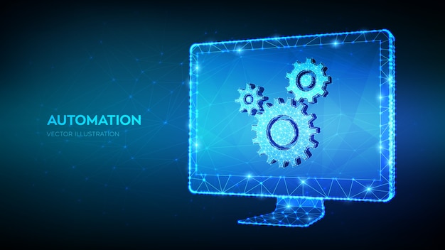 Vector automation software technology concept. abstract 3d low polygonal computer monitor with gears icon.