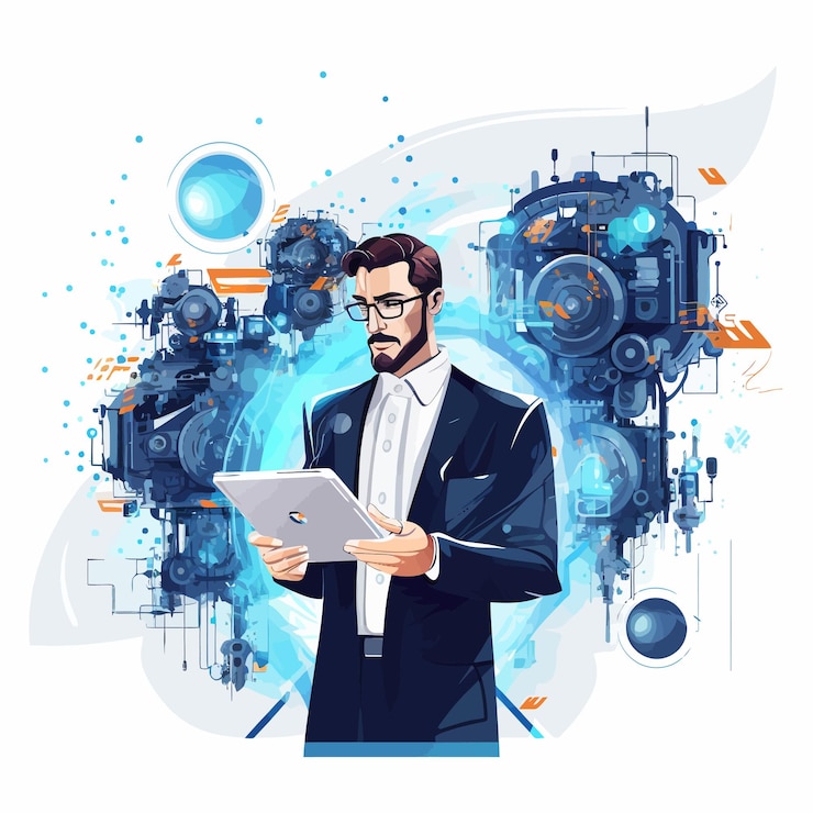 Vector automation_with_businessman_holding_a_tablet