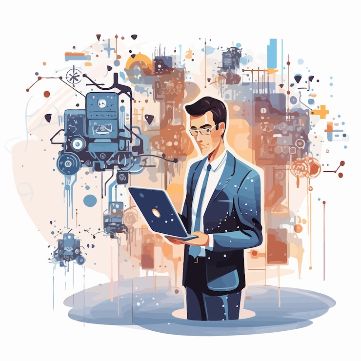 Vector automation_with_businessman_holding_a_tablet