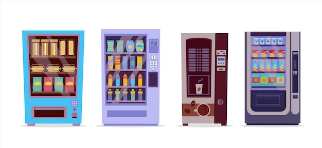 Vector automatische verkoopmachines cartoon minimalistische platte snack food service automatische verkoop consumptiegoederen set van