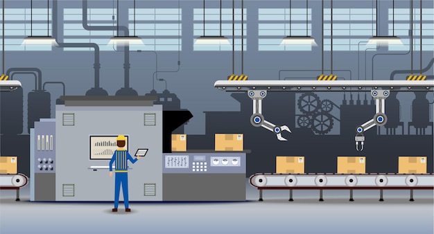 Automatisering fabrieksconcept met robot werken platte ontwerp vectorillustratie