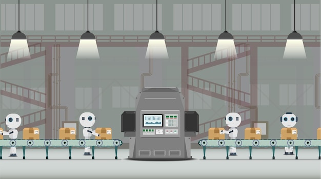 Automatisering fabrieksconcept met robot werken platte ontwerp vectorillustratie