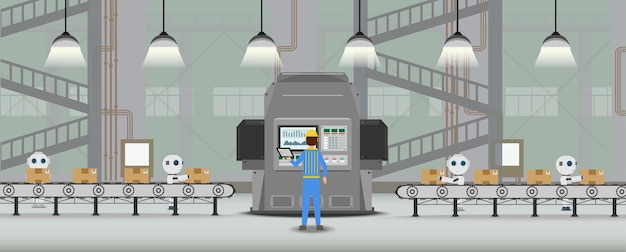 Automatisering fabrieksconcept met robot werken platte ontwerp vectorillustratie