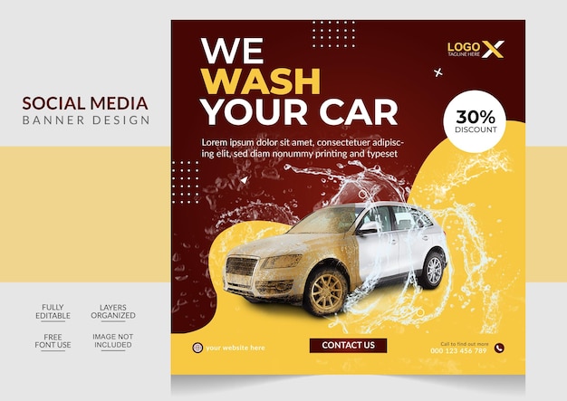 Servizio di lavaggio auto per automobili e banner per post sui social media