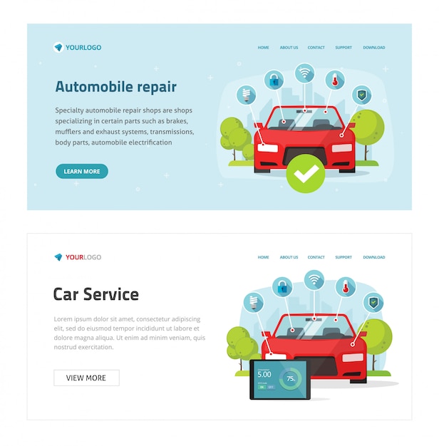 Modello di sito web del servizio di test automobilistico o di test automobilistico, banner della pagina di destinazione degli strumenti di diagnostica elettronica e del veicolo dei cartoni animati, officina o stazione di manutenzione di riparazione moderna