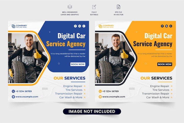 Vector automobile repair service social media post design for business promotion car repair and maintenance service template vector with yellow and blue colors vehicle management and cleaning service