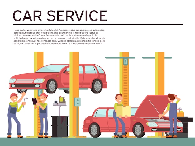 Automobile service and vehicle check vector background with car and mechanics in uniform