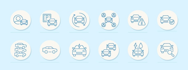 自動車セット アイコン 運転手 駐車 車交換 カープール 警告 承認 複数の車 矢印付き 電気車 拡大鏡付き 燃料車