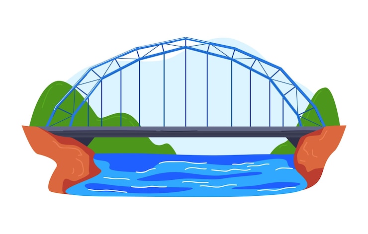 Vector automobile suspension bridge over bay in america colorful architecture cartoon style vector