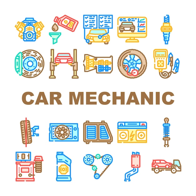 automonteur auto iconen set vector garage reparatie service onderhoud technicus werknemer man winkel motor voertuig automonteur auto kleur lijn illustraties