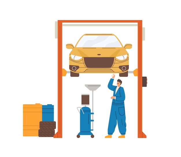 Automonteur die auto repareert opgeheven op lift in werkplaats. Autodiagnose en onderhoud door professionele reparateur. Gekleurde platte vectorillustratie geïsoleerd op een witte achtergrond.