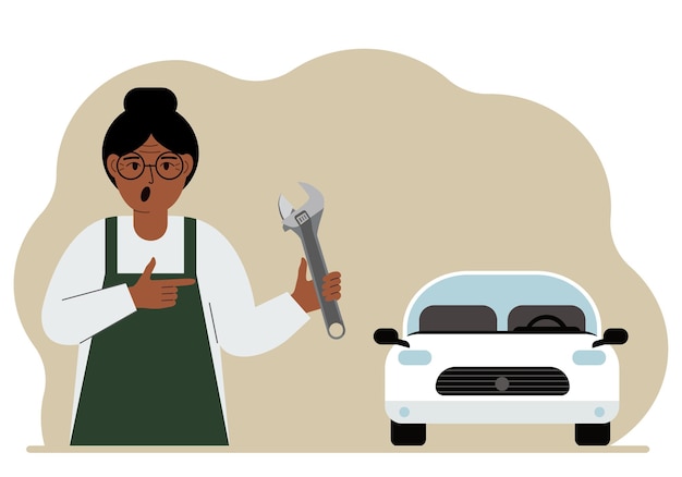 Automonteur in een autowerkplaats in de buurt van een witte auto Een vrouw houdt een sleutel in zijn hand Autoreparatieconcept Posteradvertentiebanner