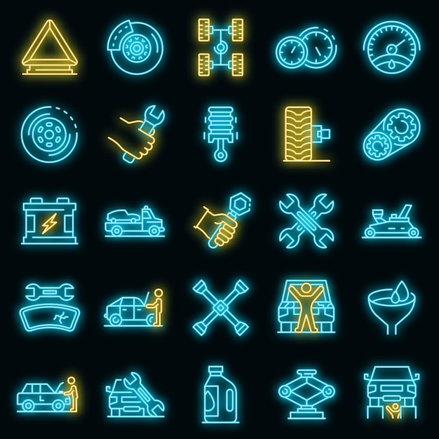 Automonteur pictogrammen instellen. overzicht set van automonteur vector iconen neon kleur op zwart