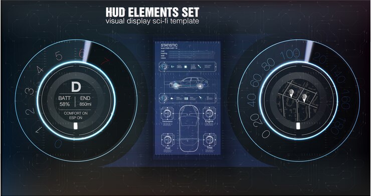 Vector automotive dashboard of the future. hybrid car. diagnostics and elimination of breakdowns. blue. hud style.  image.