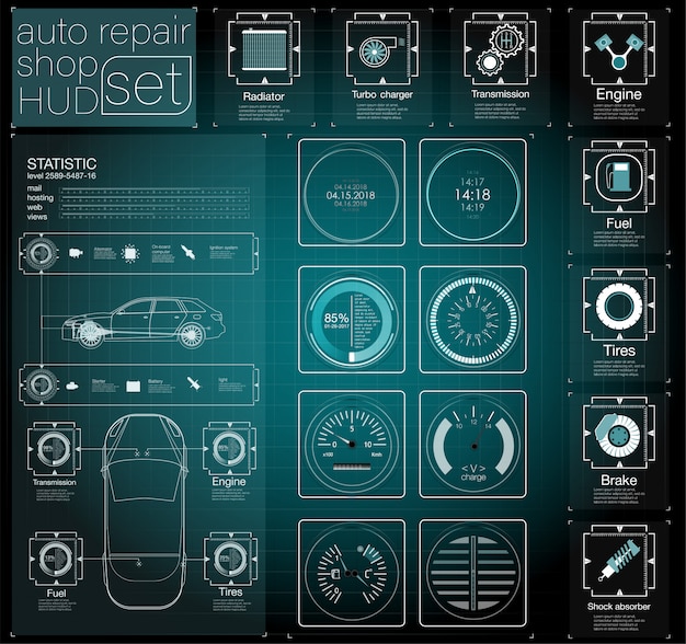 Автомобильная панель приборов будущего. гибридный автомобиль. диагностика и устранение поломок. синий. стиль hud образ.