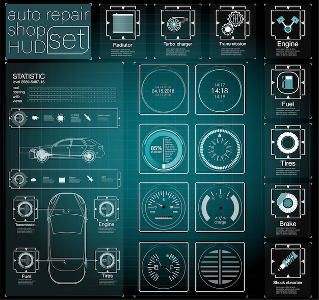 Automotive dashboard van de toekomst. Hybride auto. Diagnostiek en eliminatie van storingen. Blauw. HUD-stijl. beeld.