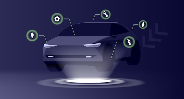 Vettore diagnostica automobilistica in stile futuristico digitale suv moderno 3d evidenziato automaticamente e icone di servizio attorno ad esso