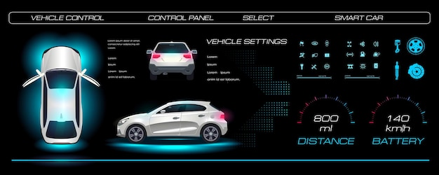 Vettore interfaccia automobilistica auto realistica con navigazione e opzioni su un pannello di controllo digitale olografico impostazioni di manutenzione del veicolo con elementi hud