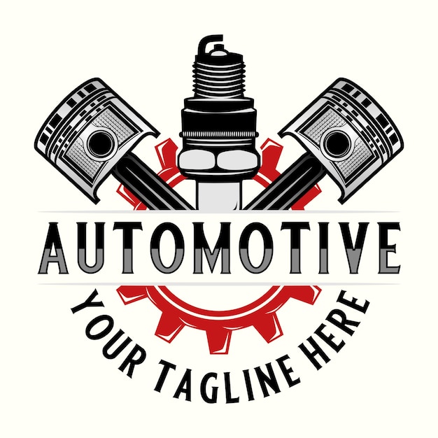 Vettore logo automobilistico design pistoni e ingranaggi del motore stile moderno vintage per la riparazione di auto o moto