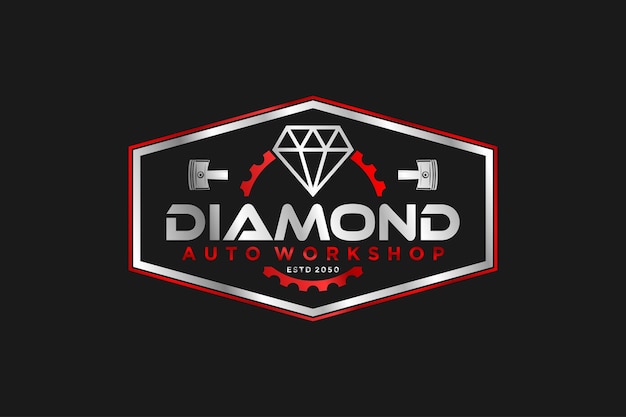 Design del logo dell'officina del pistone automobilistico moderno stile distintivo auto personalizzata simbolo dell'icona di lusso del diamante