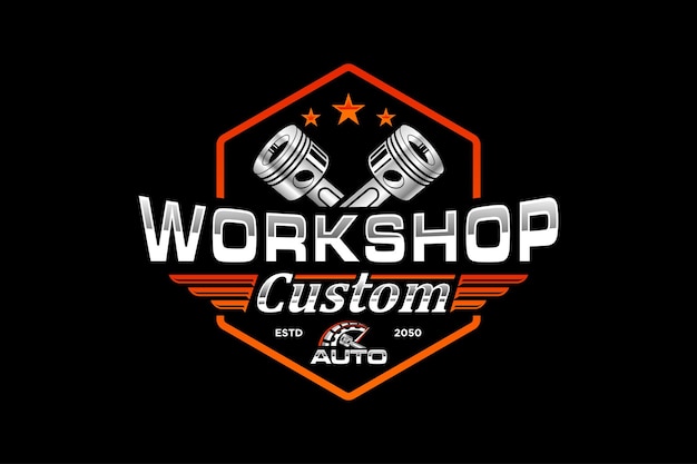 Design del logo dell'officina del pistone automobilistico moderno stile distintivo dell'auto servizio personalizzato motore ottimizzazione icona