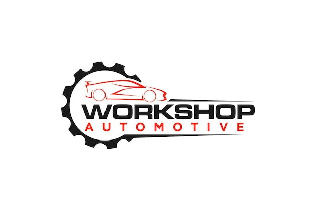 Automotive werkplaats auto garage logo ontwerp met versnelling pictogram symbool snelheid winkel illustratie