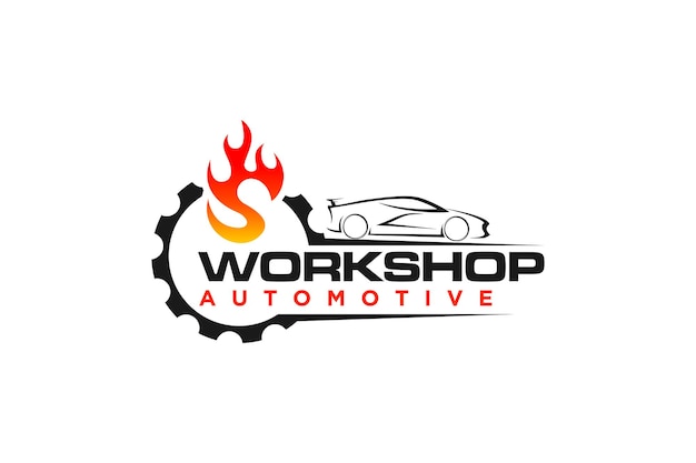 Automotive workshop car garage logo design with fire and gear icon symbol