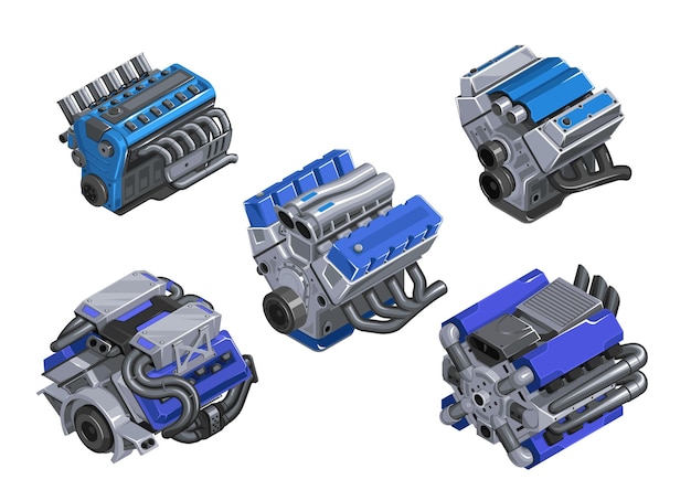 Vector automotor in isometrie set motoren van verschillende niveaus witte achtergrond gedetailleerde 3d-motor icartoon