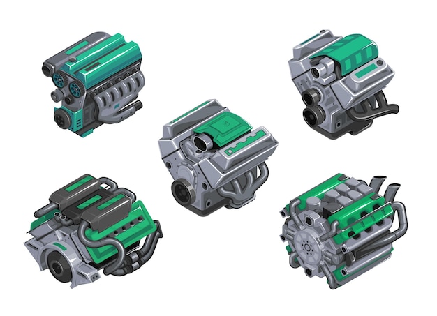 Automotor in isometrie Set van motoren van verschillende niveaus op witte achtergrond Gedetailleerde 3D-motor