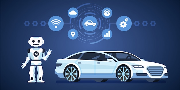 Autonome auto. zelfrijdende auto met robot en pictogrammen. kunstmatige intelligentie onderweg. infographics illustratie