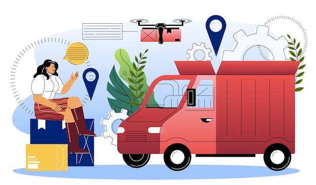 Autonome levering concept vrouw zit op kartonnen dozen in de buurt van vrachtwagen en drone logistiek en
