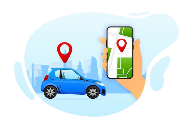 Autonome online autodeelservice bestuurd via smartphone-app telefoon-app met locatiemarkering en slimme auto vectorillustratie