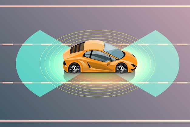 Vector autonome slimme auto automatische draadloze sensor rijden op de weg rond de auto autonome slimme auto gaat op de scans de wegen observeren de afstand en automatisch remsysteem