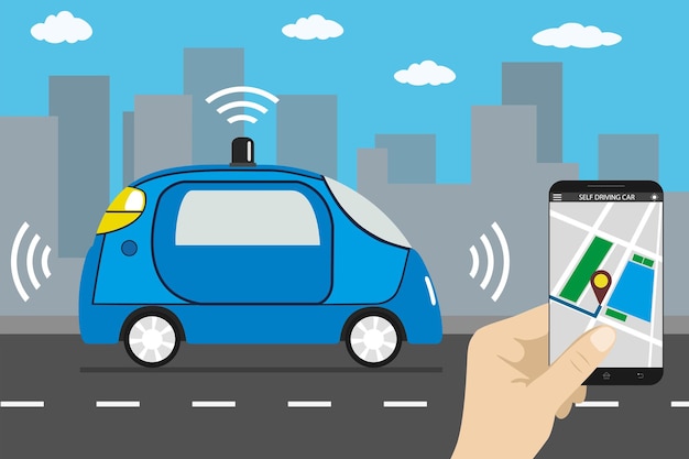 Autonomous car and internet of things iot concept self driving car futuristic city transport vector
