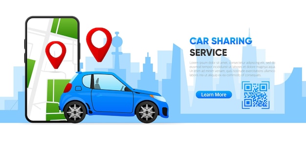 Autonomous online Car Sharing service controlled via smartphone app Phone app with location mark and smart car Vector illustration