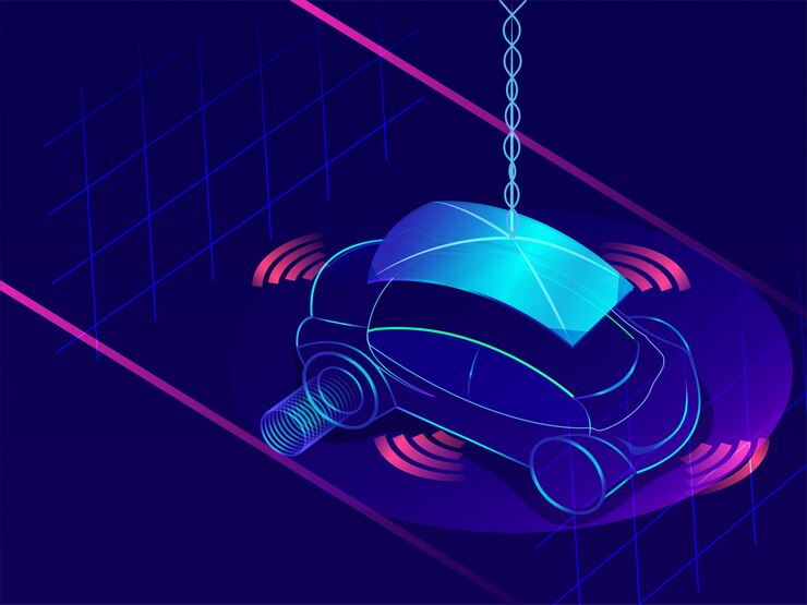 Vector autonomous vehicle on blue background.