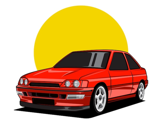 Autoproductie uit de jaren 90 in rood accent voor grafisch ontwerp van de vectorillustratie van een voertuig