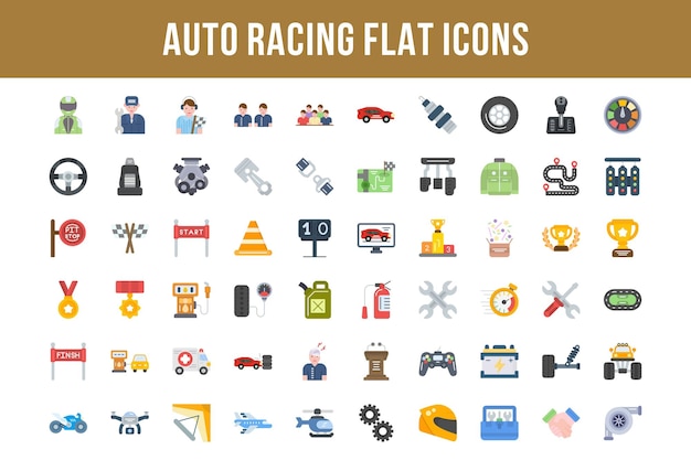 Autorace platte veelkleurige pictogrammen