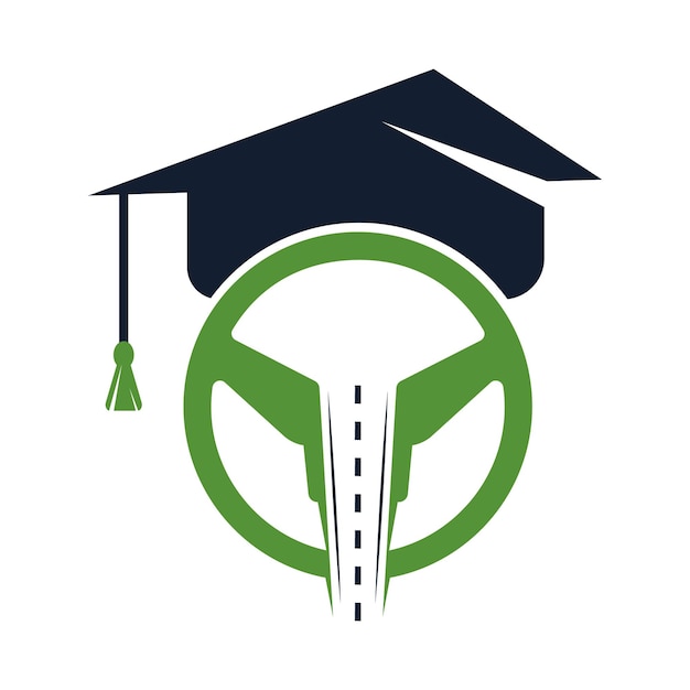 Autorijschool logo ontwerp Stuurwiel weg en afstuderen cap vector pictogram