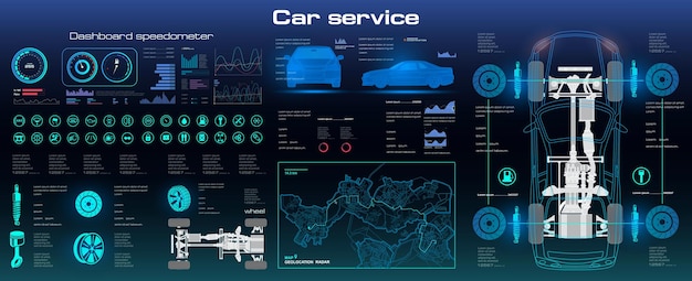 Autoservice met hud-elementen diagnose van complete voertuigchassis futuristische auto-gebruikersinterface