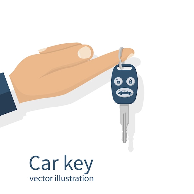 Autosleutel houden op vinger zakenman Geïsoleerd op witte achtergrond Te koop huur cadeau geven auto's Vector illustratie plat ontwerp Sleutelhanger met sleutels van ontsteking