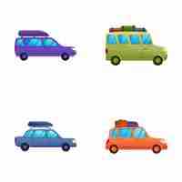 Vector autotravel icons set cartoon vector car with luggage on roof road trip travel concept