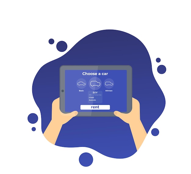 Autoverhuur mobiele app, tablet in handen, vector